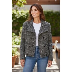Gap Womens Double Breasted Peacoat Jacket Tweed Black‎ Multi Color Preppy Casual